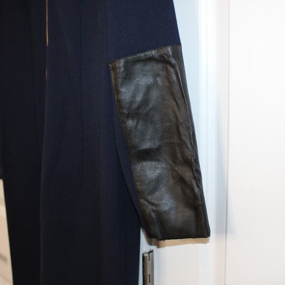J.CREW Faux Leather Trim Navy Blue Black Zip Pocket Straight Dress | 4 - Picture 10 of 14